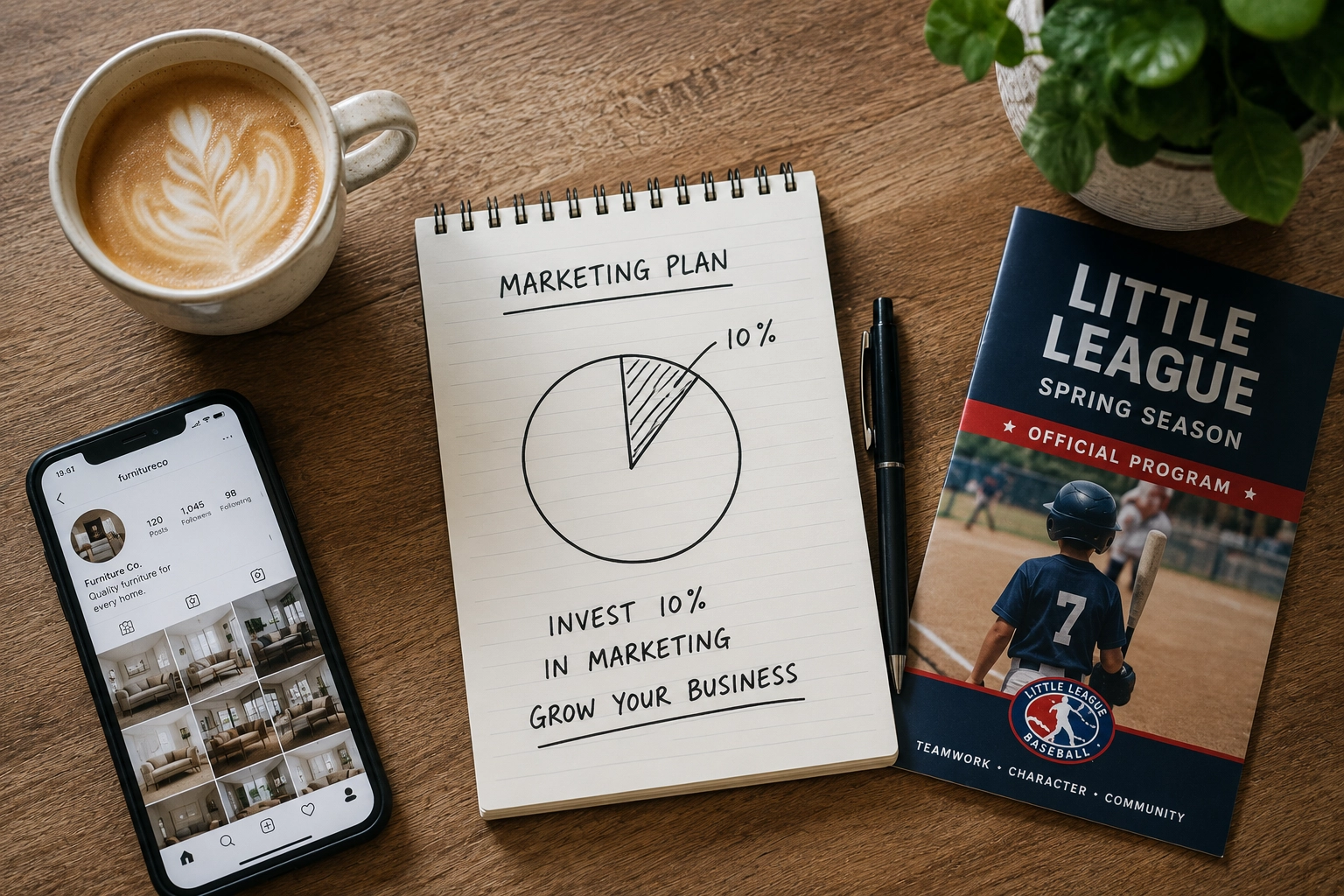Flat lay of a marketing planning session with a hand-drawn pie chart, coffee, and phone