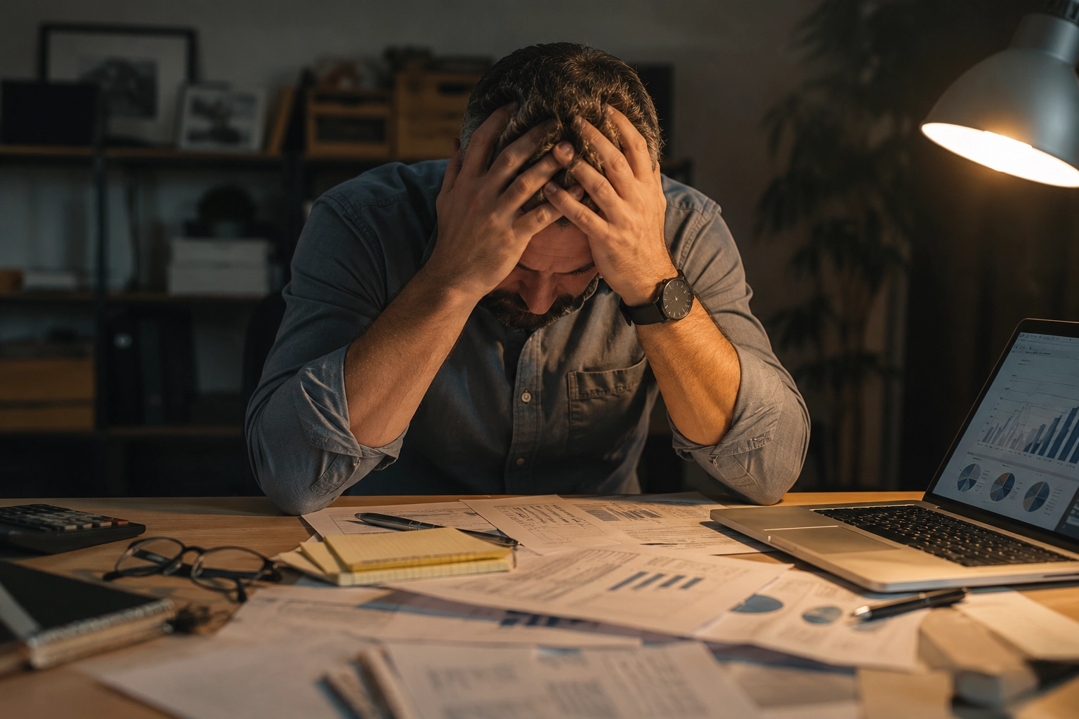 Stressed business owner at a cluttered desk covered in spreadsheets and reports