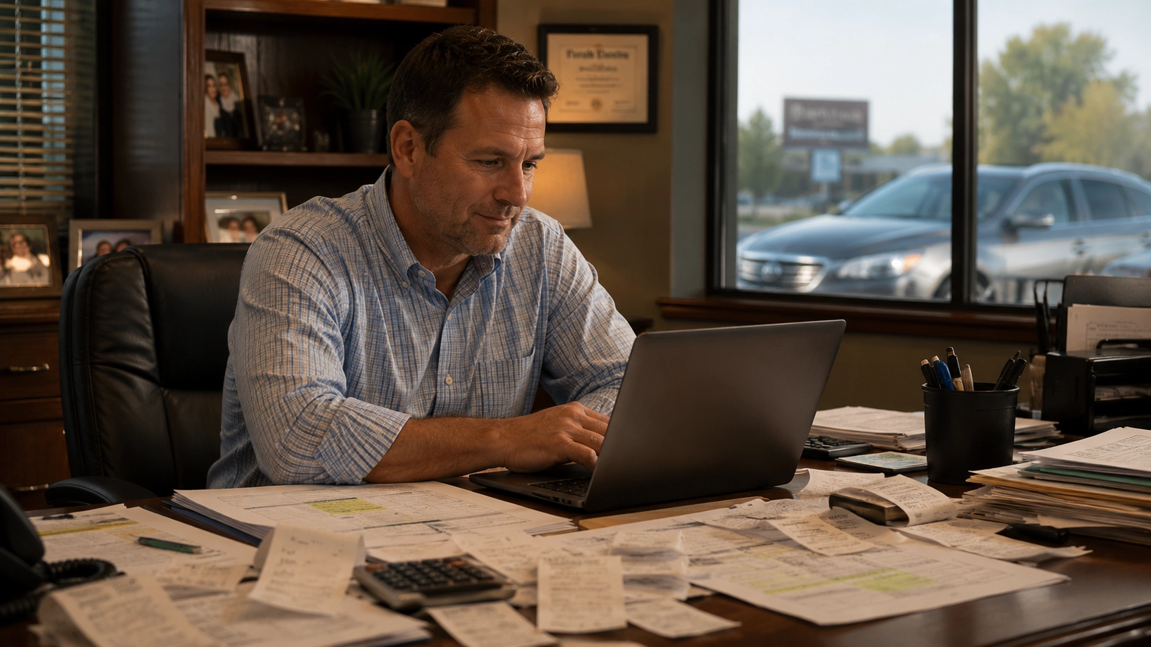 Comfortable furniture store owner at a cluttered desk with a new car visible through the office window
