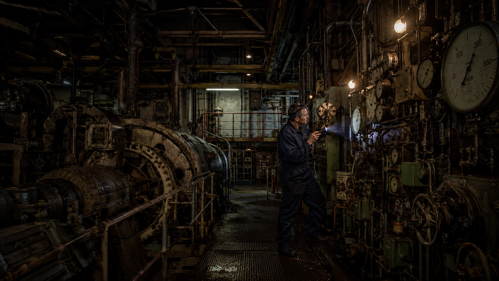 Engineer inspecting a gauge with a flashlight inside a dark, complex ship engine room