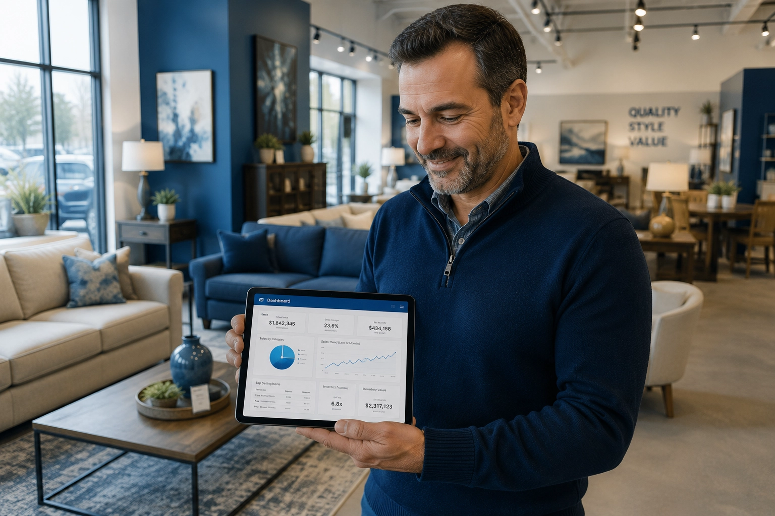 Confident furniture store owner reviewing dashboard data on a tablet in a modern showroom