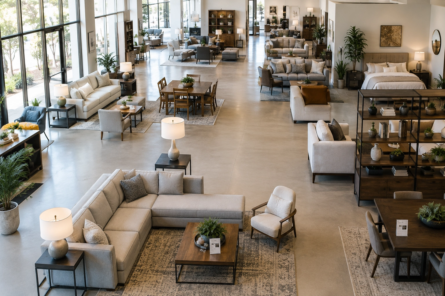Wide-angle view of a bright, organized modern furniture showroom floor