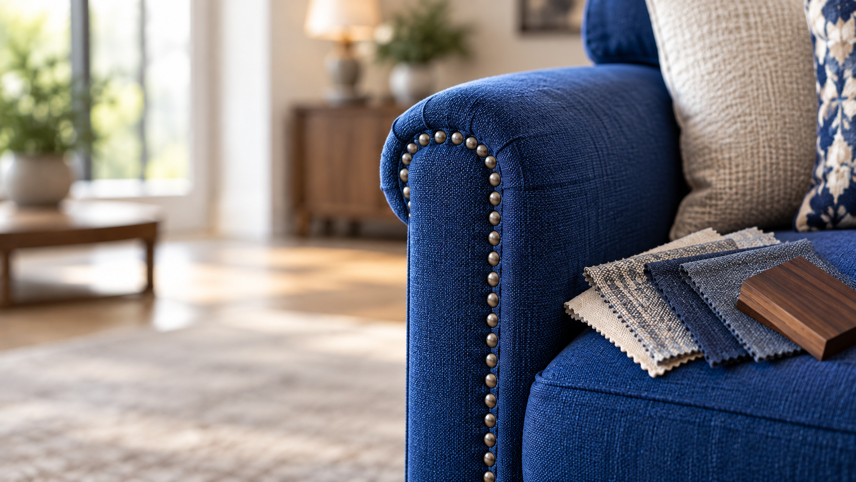 Close up of a custom deep blue sofa arm with pewter nail head trim and fabric swatches