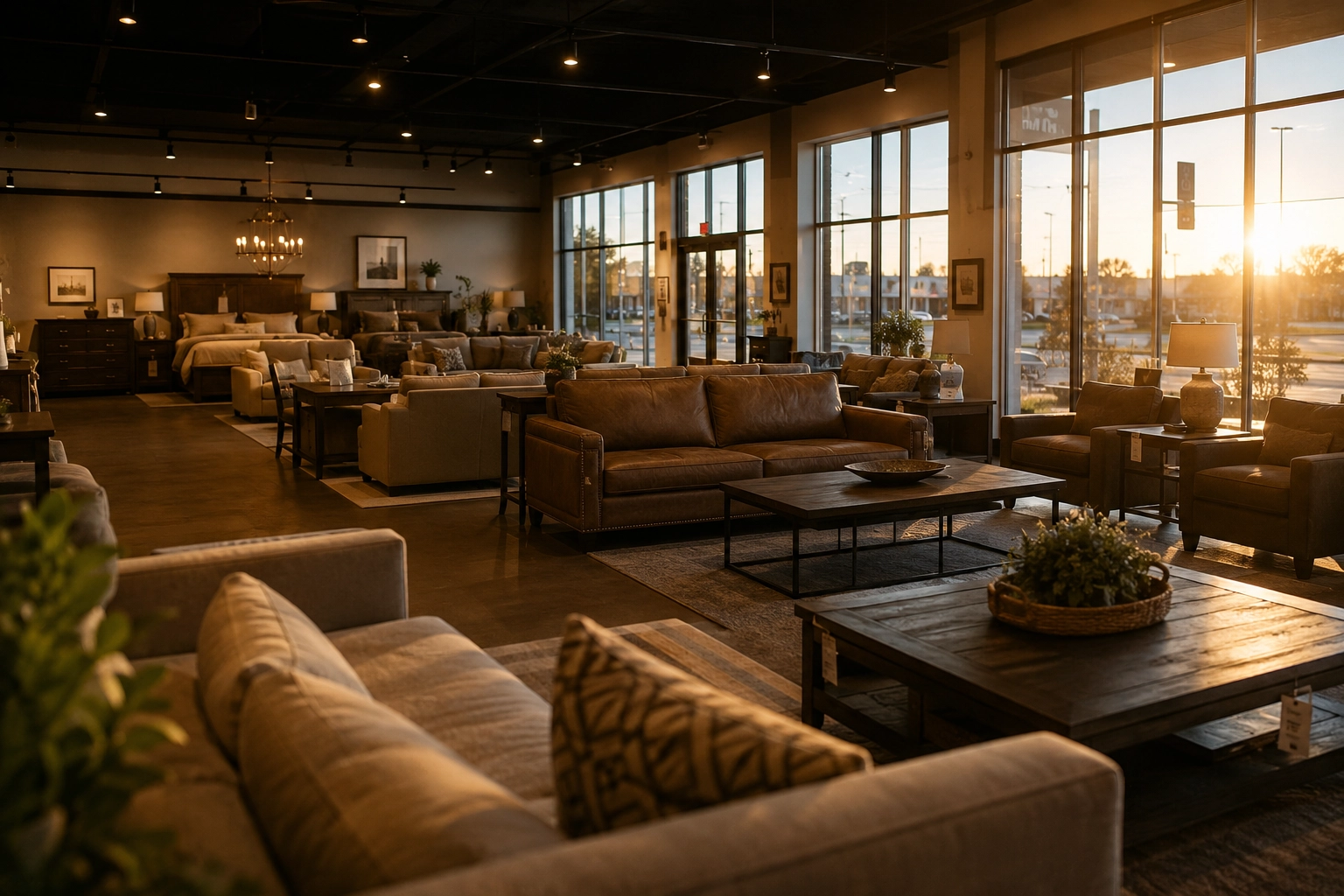 Independent furniture store showroom at golden hour with sofas and bedroom sets