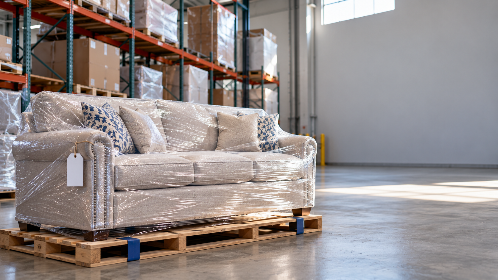 New sofa wrapped in plastic on a pallet in a furniture store warehouse with a blank hold tag