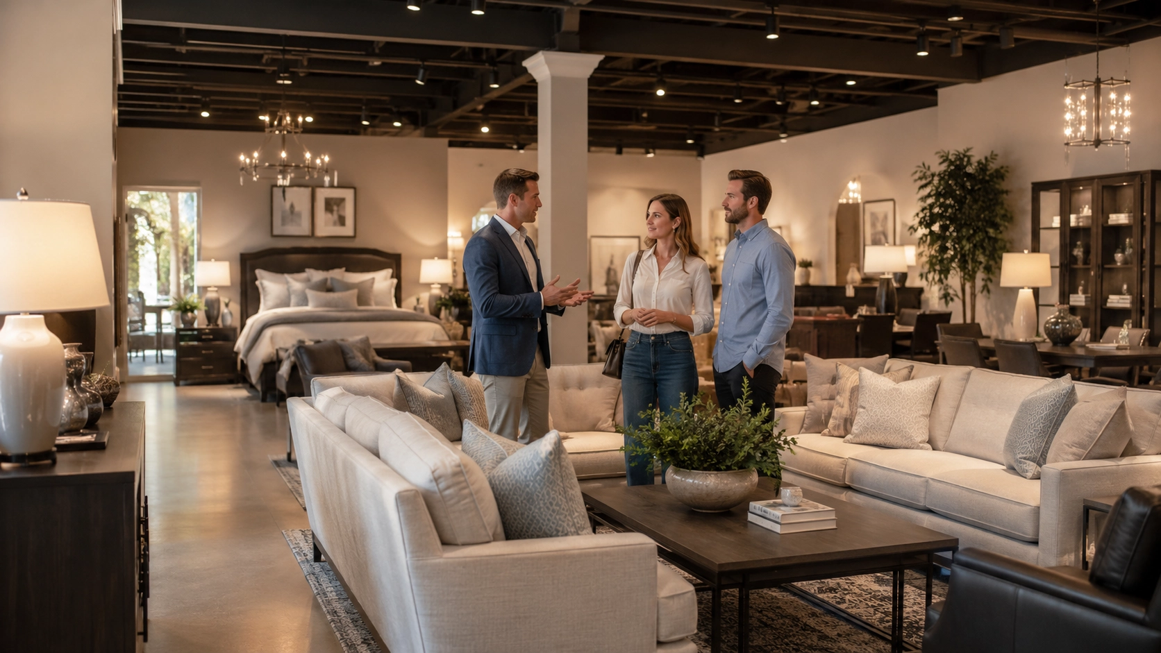 Furniture store showroom with a salesperson helping a couple