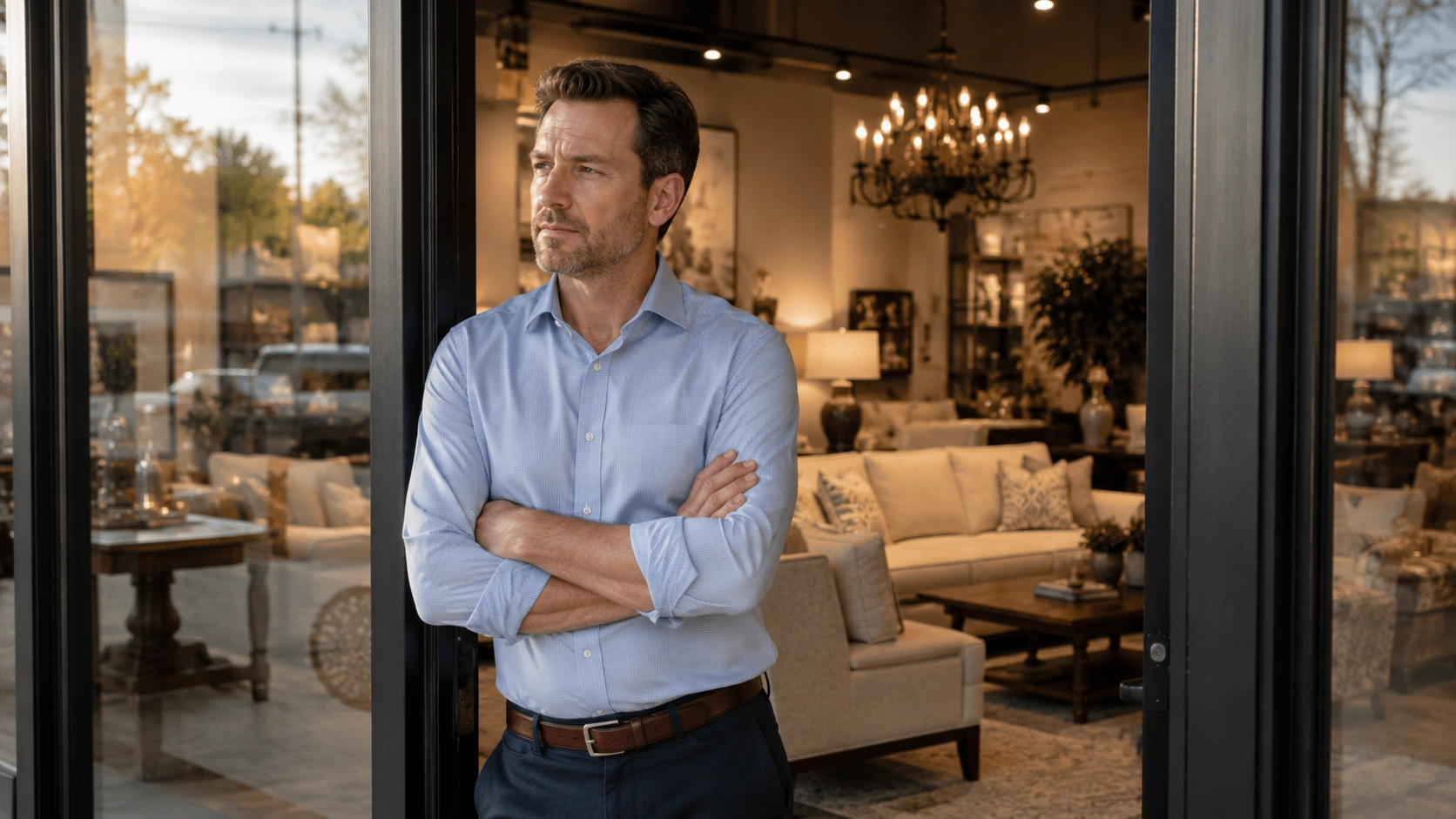 Furniture store owner looking out the front door of their showroom in late afternoon light