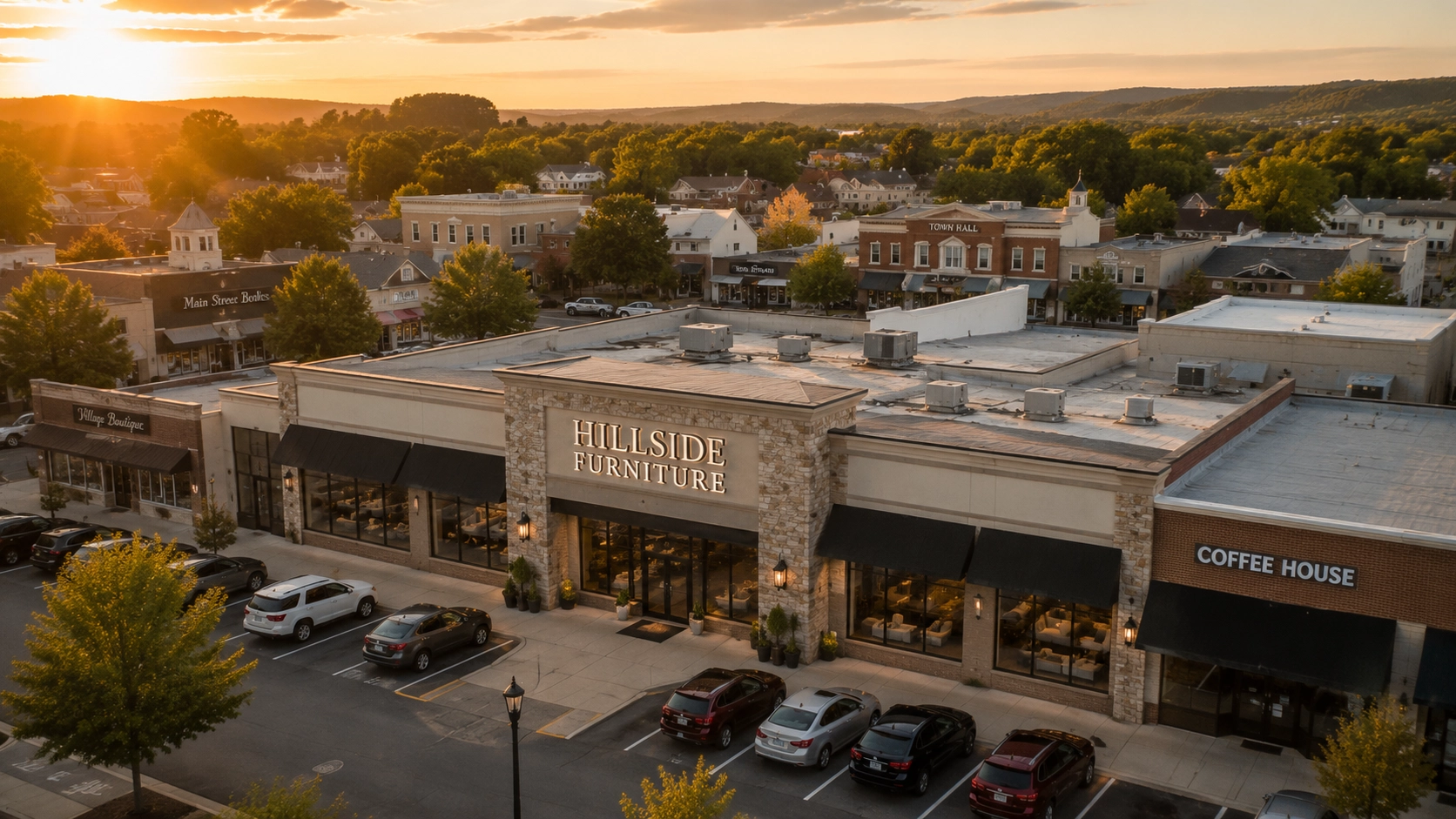 Aerial view of a thriving independent furniture store on a small town main street at golden hour