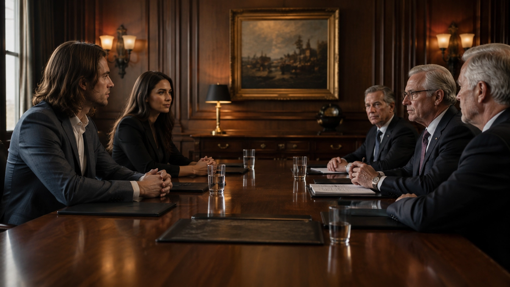 Two young professionals across a conference table from older executives in a formal wood-paneled boardroom