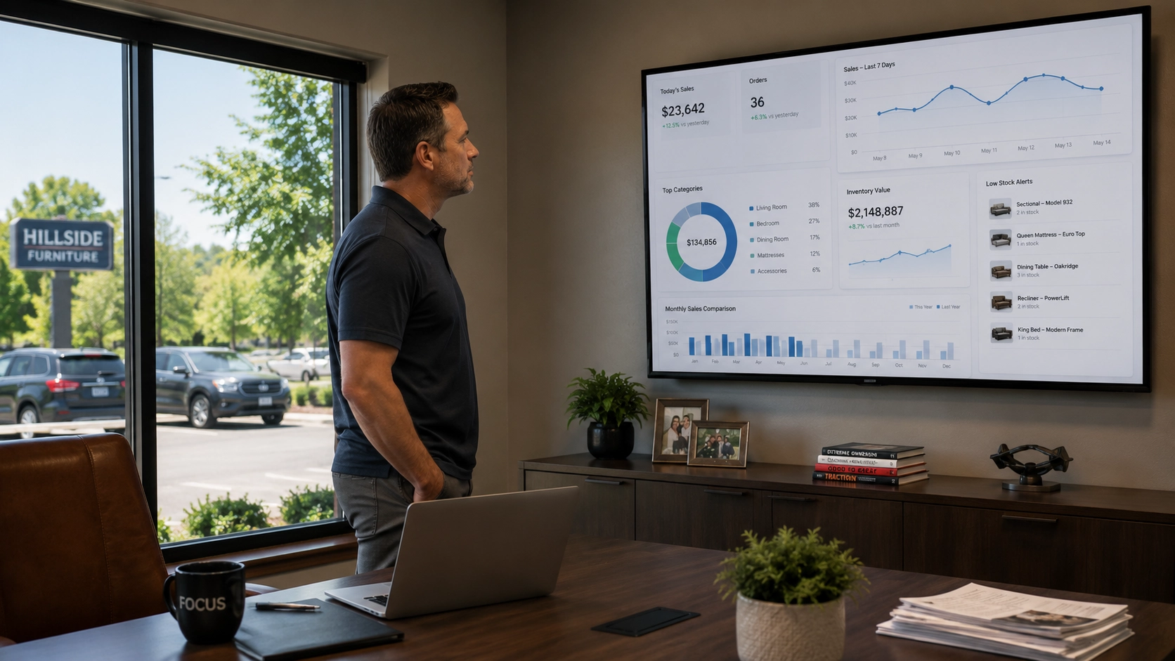 Confident furniture store owner reviewing inventory dashboards on a wall-mounted screen in an organized office