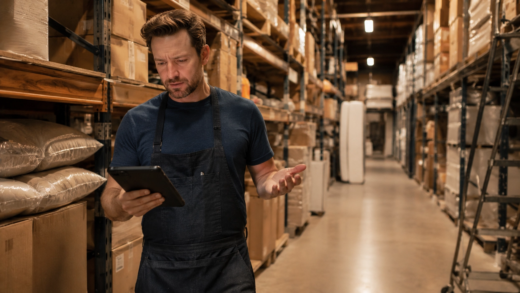 Warehouse worker checking a tablet between rows of boxed inventory