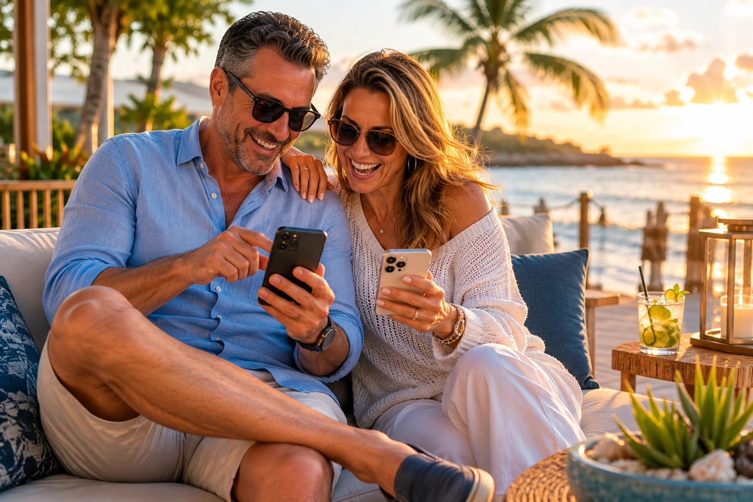 Relaxed furniture store owner couple laughing together on a beach at golden hour