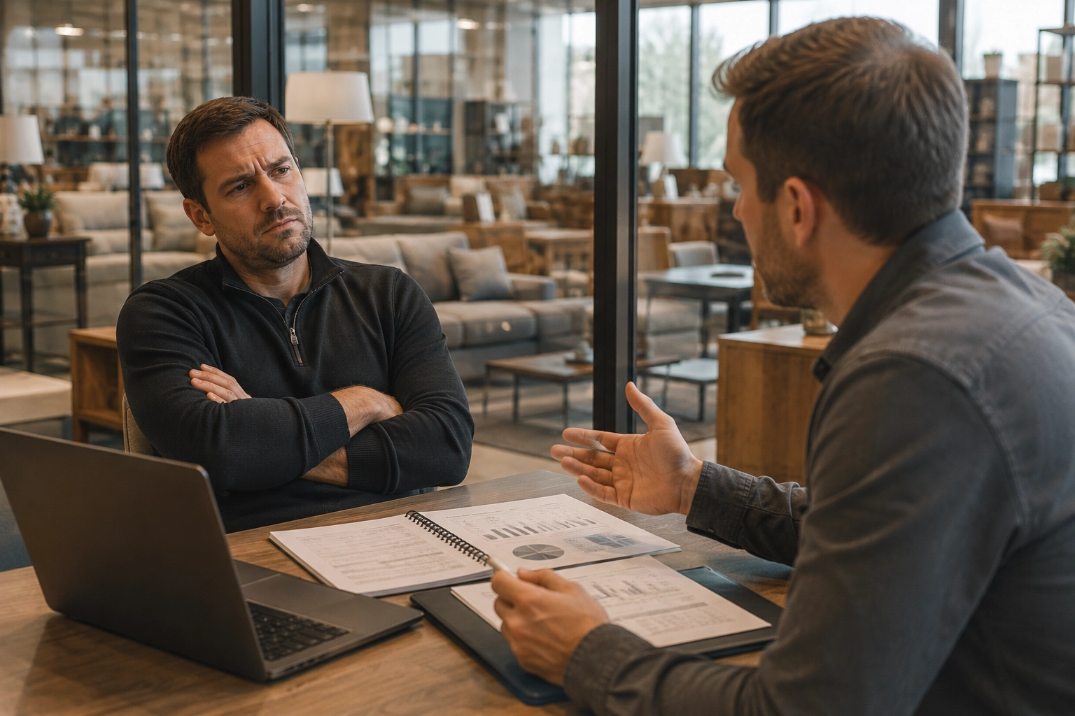 Two people in a furniture store office, one leaning back defensively with arms crossed