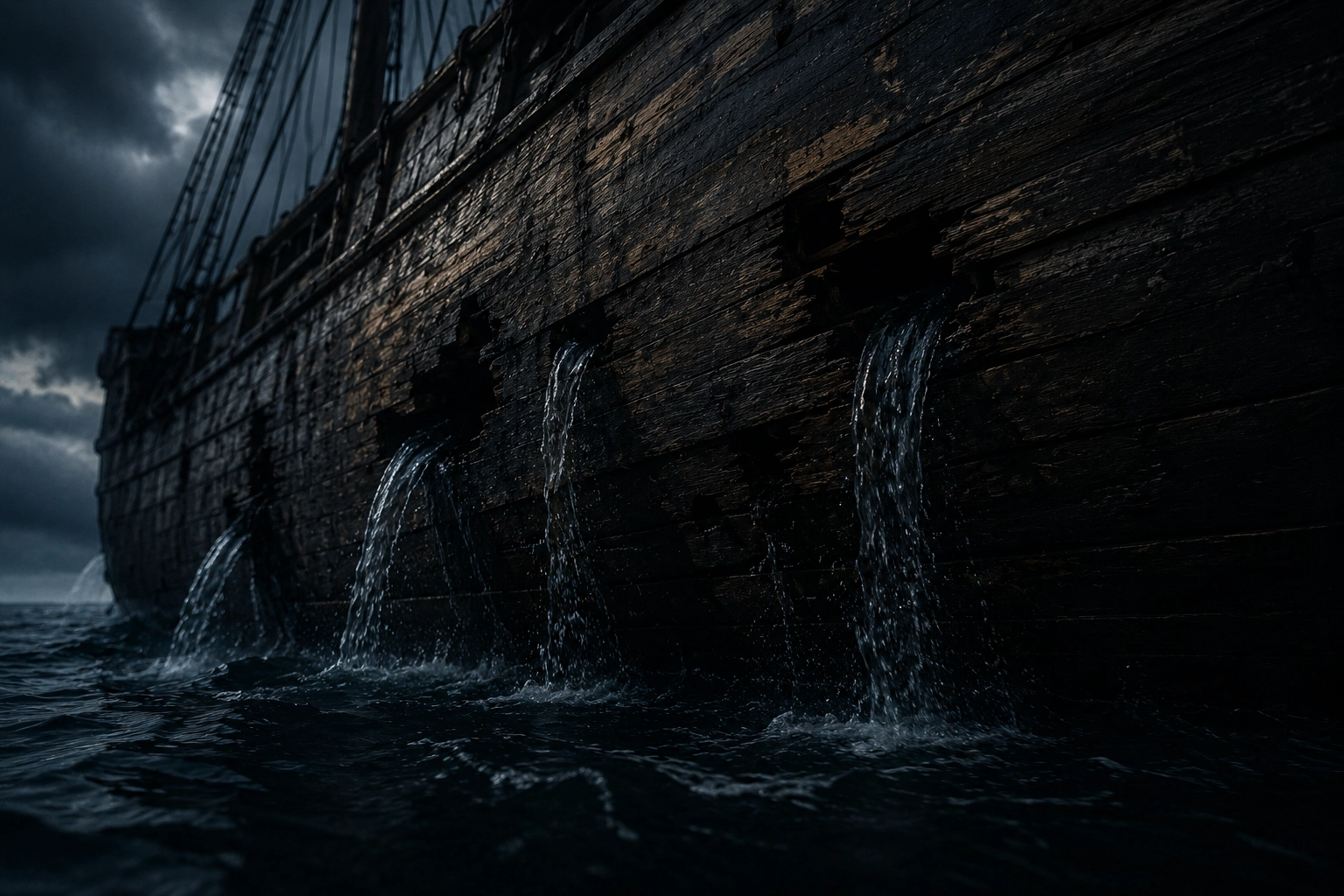 Cracked wooden ship hull taking on water below the waterline