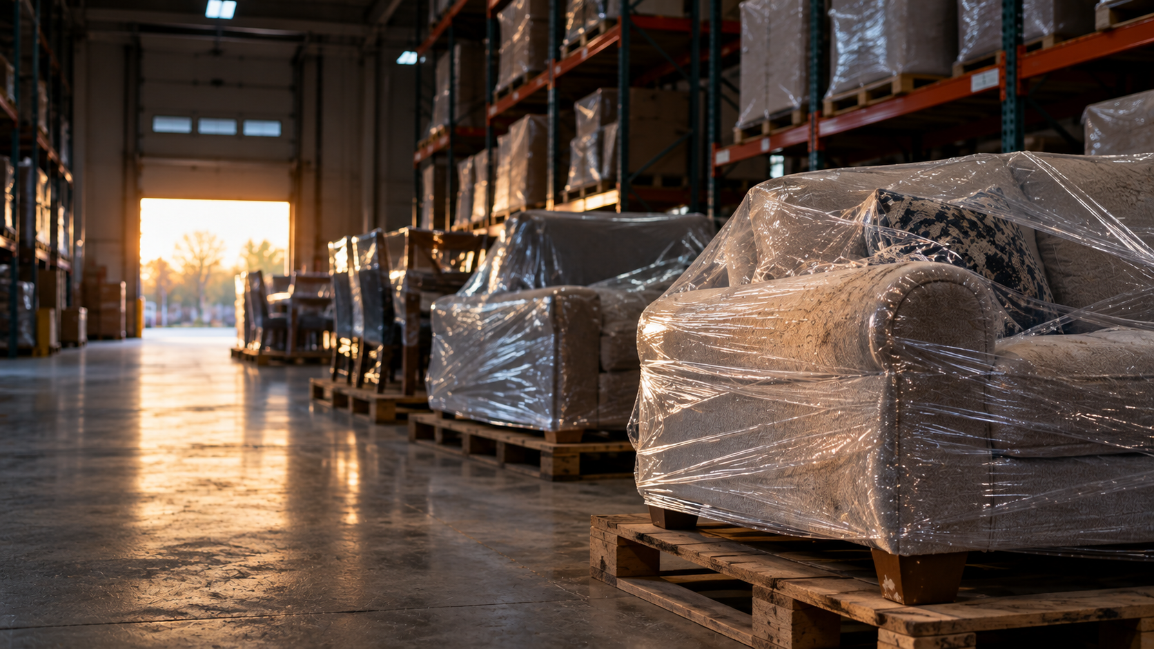 Dusty plastic wrapped sofas and a dining set waiting on pallets in a dim furniture warehouse