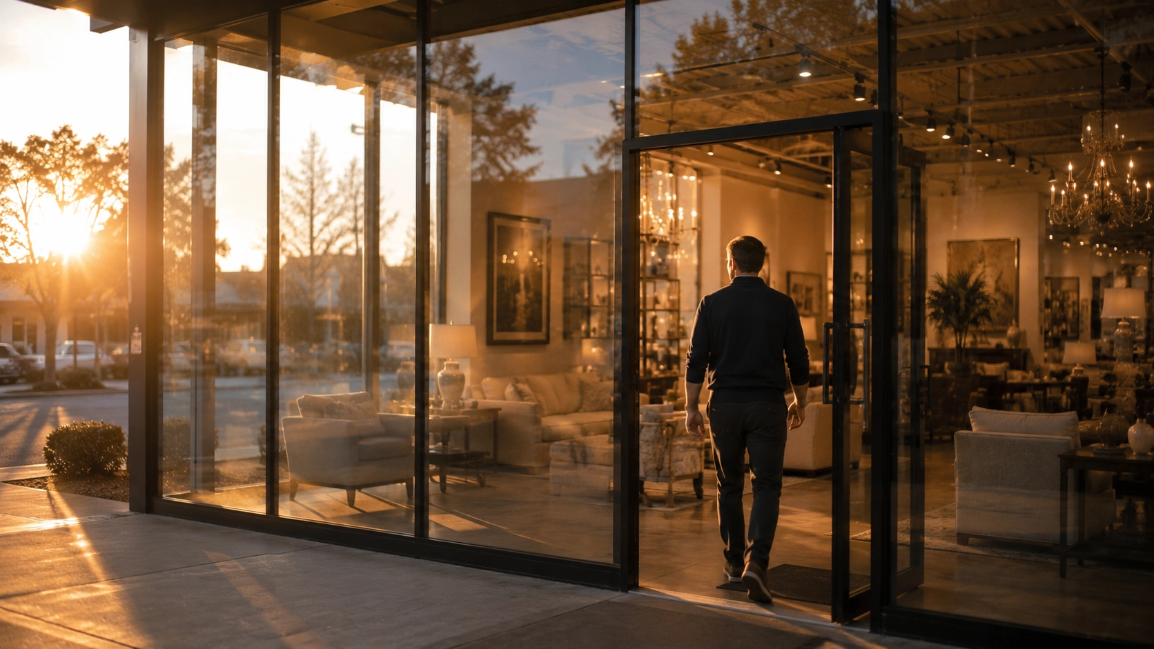 Furniture showroom seen through floor-to-ceiling glass at golden hour with the door slightly open