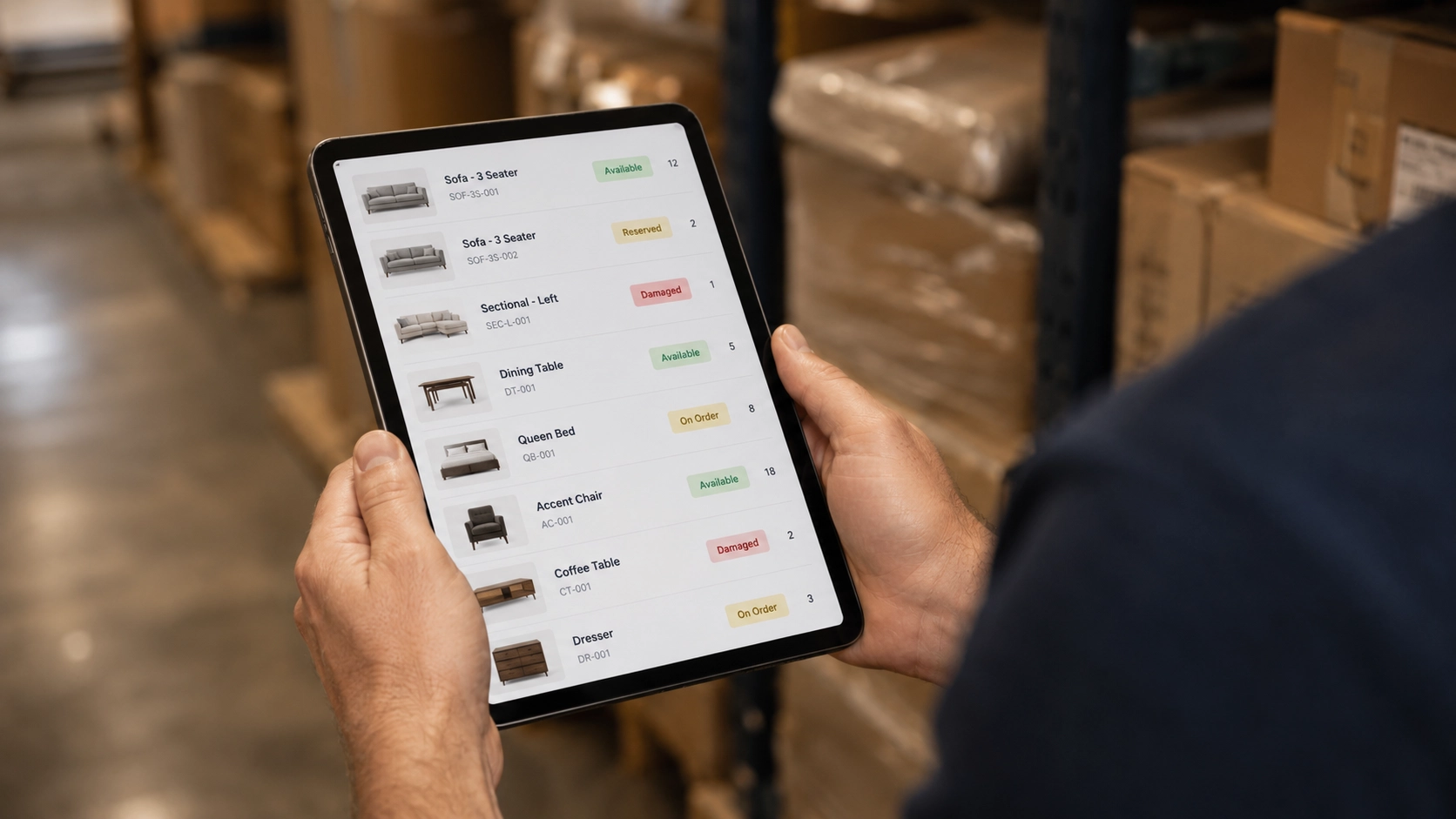 Tablet screen showing inventory items with color-coded status labels