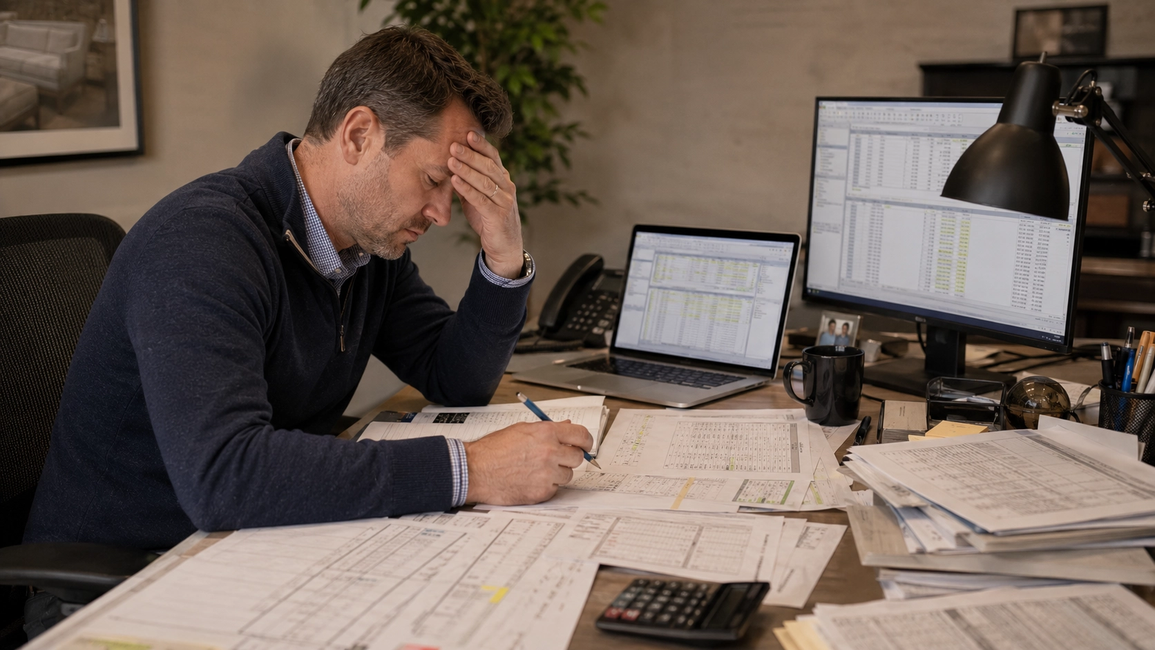 Stressed store owner at a desk surrounded by spreadsheets and printed reports