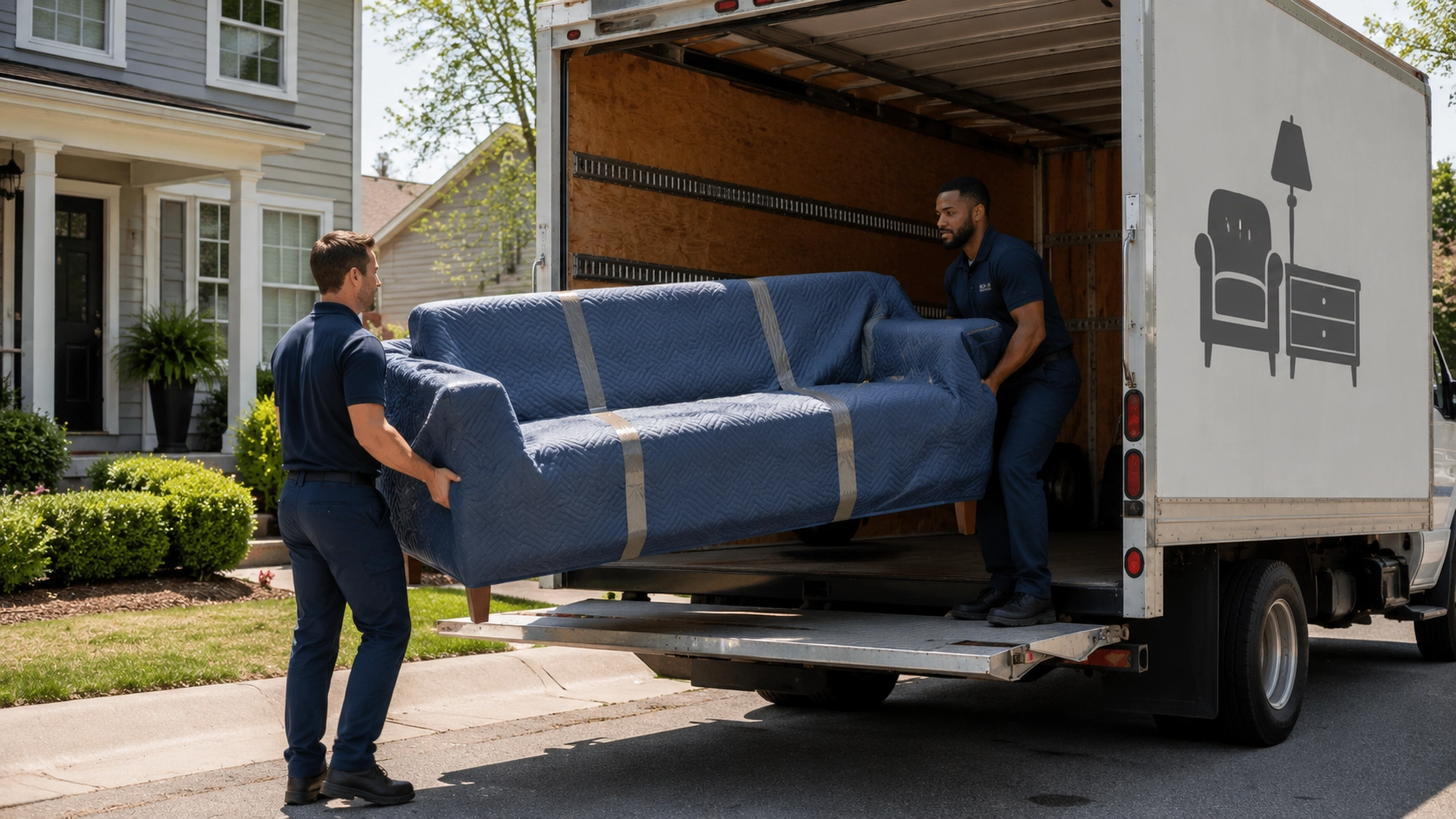 Delivery workers loading a blanket-wrapped sofa into a furniture delivery truck