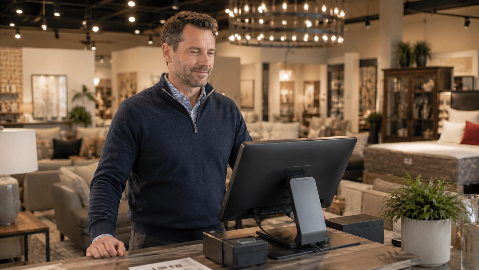 Confident furniture store owner reviewing a clean dashboard at a modern POS terminal
