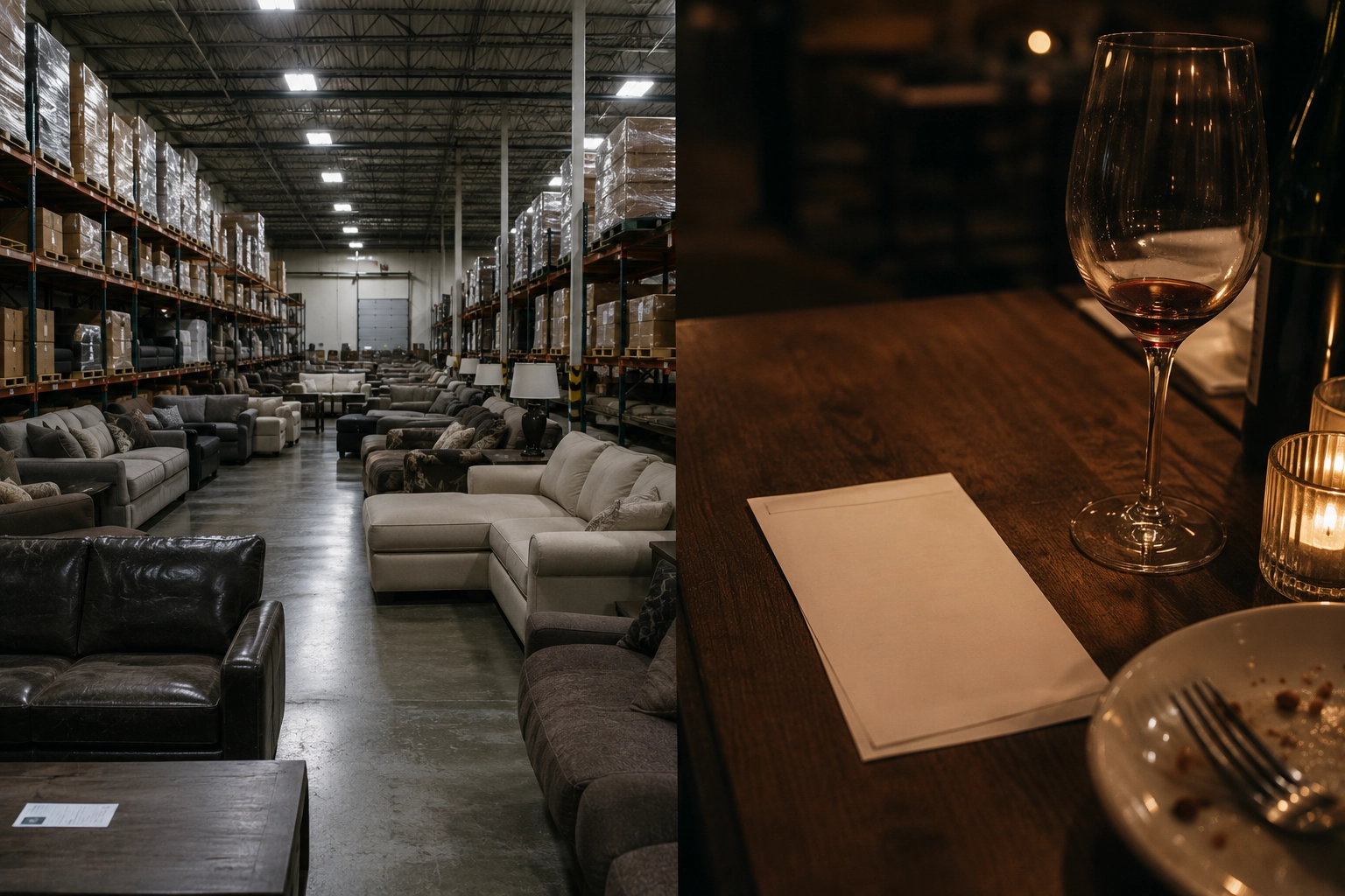 Split image of a packed furniture warehouse beside a restaurant receipt and glass of wine