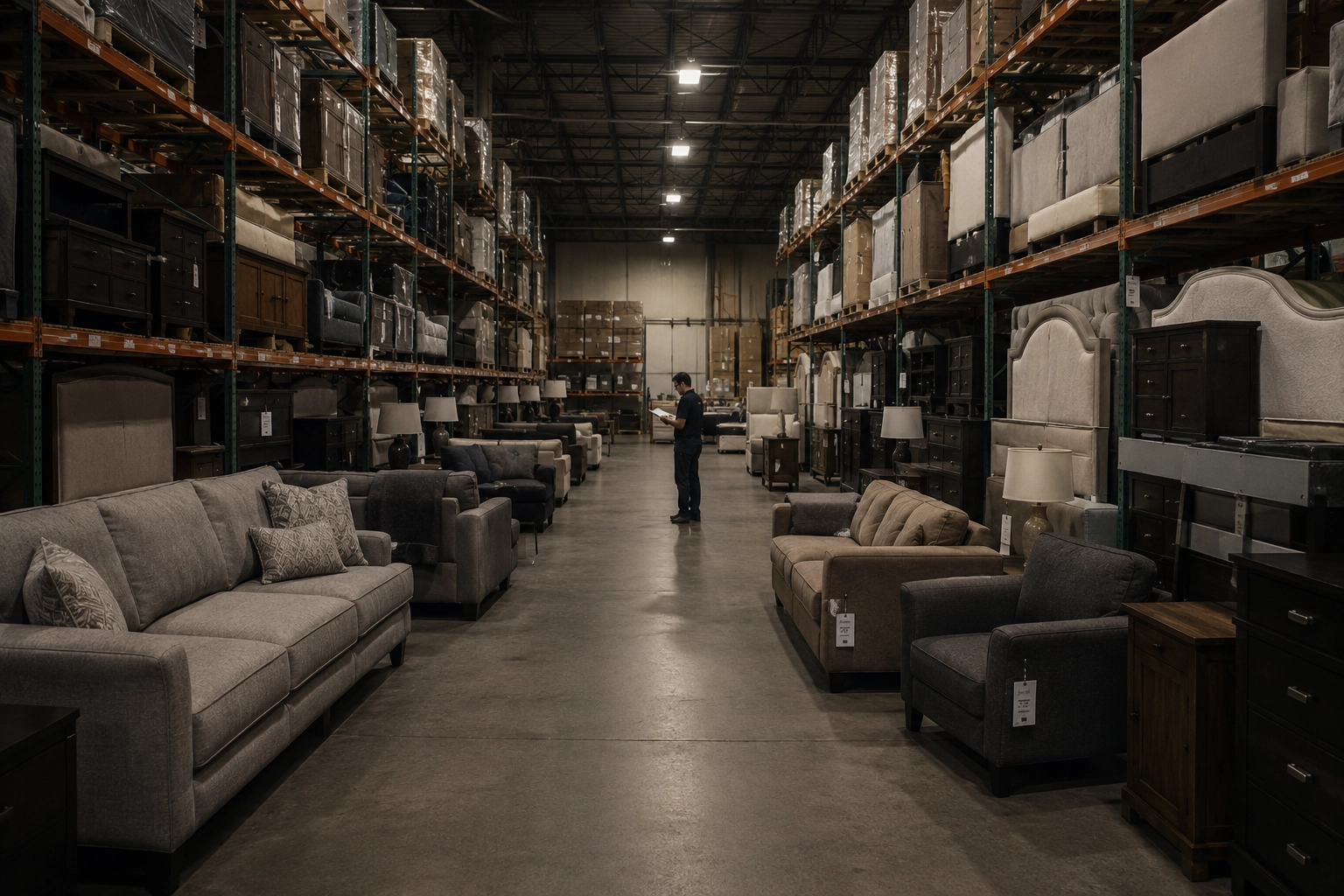 Furniture warehouse with rows of unsold inventory and a lone worker with a clipboard