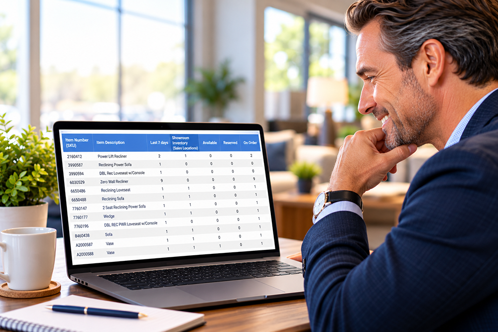 Manufacturer sales rep reviewing a weekly inventory report email from a furniture store